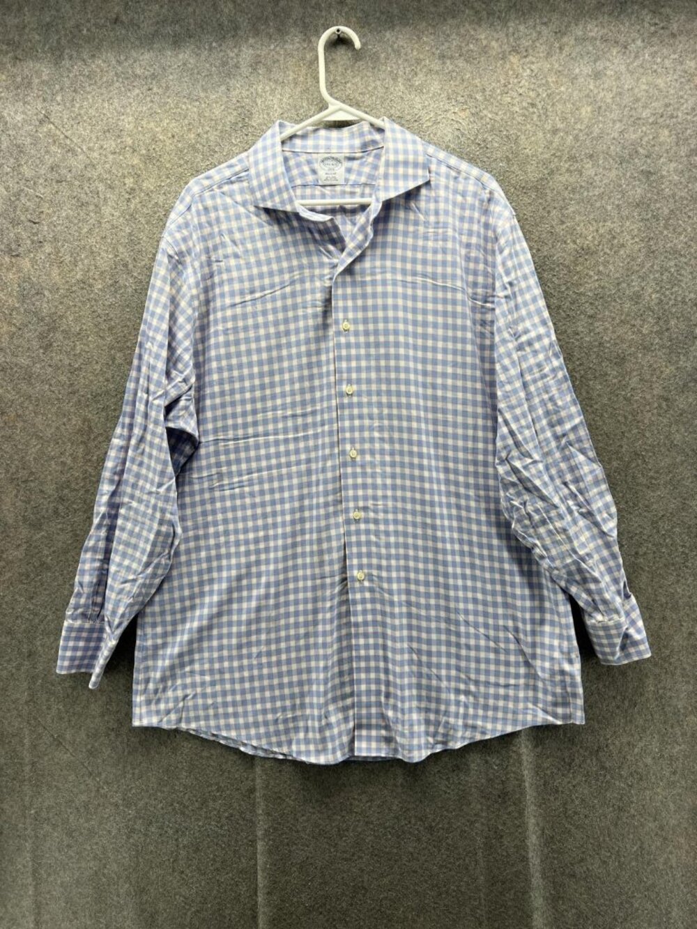 Brooks Brothers Dress Shirt Mens 17.5 4/5 Blue Gingham Slim Non Iron Sleeve